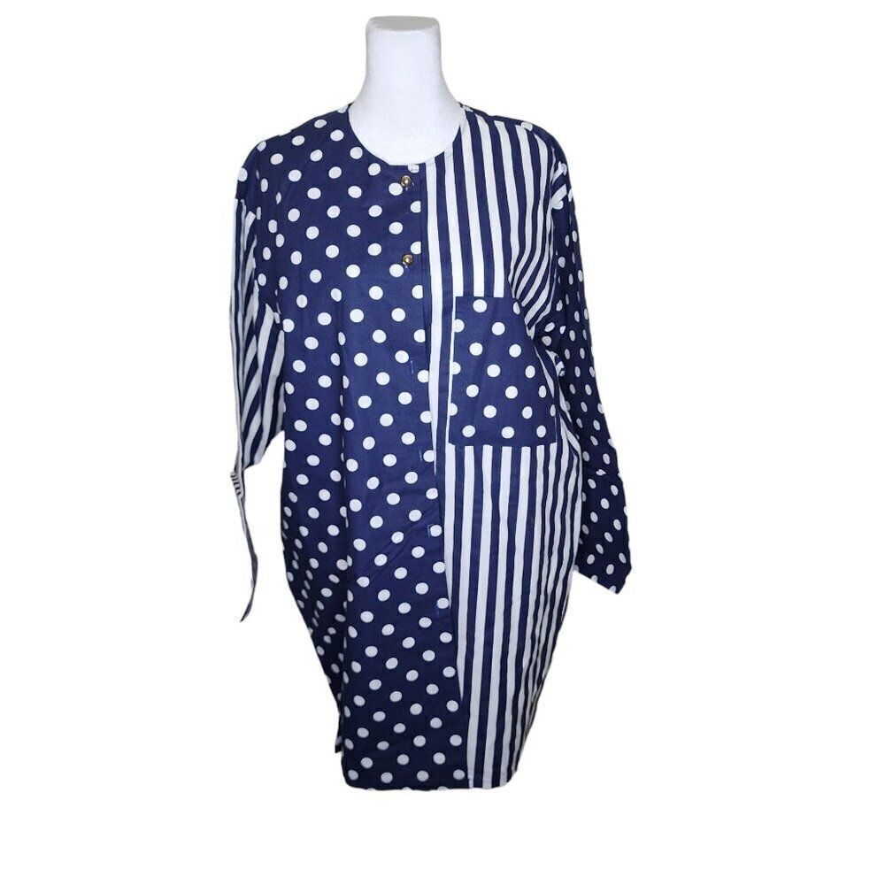 Vintage 80s Catalina Cabana Cover Up Tunic Top Women Size M Blue Polka Dot Strip